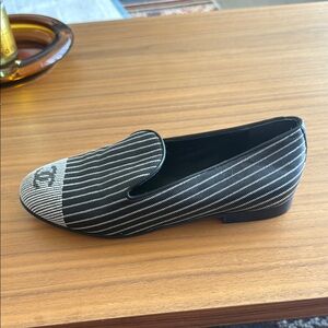 CHANEL Black and White Striped Loafers
